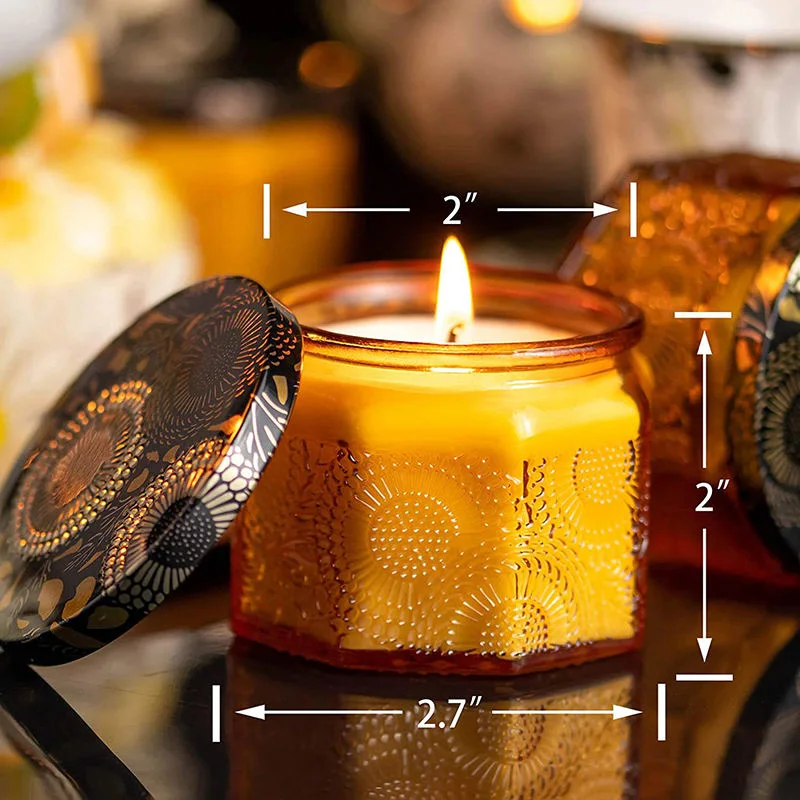 Hexagonal Mini Embossed Pattern Glass Candle Jar Colorful Aromatherapy Amber Candle Holder Empty Candle Jars Luxury with Lid